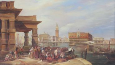 Follower of Edward Pritchett (fl.1828-1864) Venetian View Signed R.M Crompton, oil on board?, 33.5cm