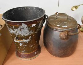 A 19th Century Copper Cauldron and A Toleware Fire Bucket (2)