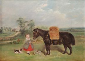 British School (19th century) Young girl with fell pony and a spaniel Indistinctly signed, oil on