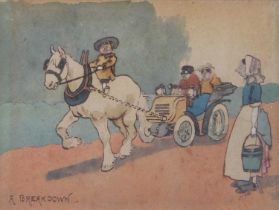 After Tom Browne (1870-1910) "A Breakdown" Signed W Hill, mixed media, 16cm by 22cm