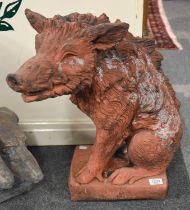 Brighthelm Stone: A Terracotta Sculpture of a Seated Wild Boar, on a rectangular plinth, 52cm high