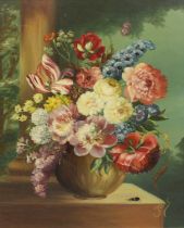 Continental School (20th Century) Still life of flowers including tulips, peonies, lilac, on a ledge