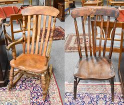 A 19th Century Ash Windsor Rocking Chair, together with A Similar Side Chair (2)