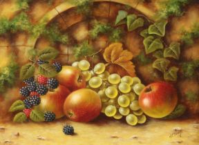 John F Smith (b.1934) Still life fruit study Signed, oil on board, 29.5cm by 39.5cm The artist
