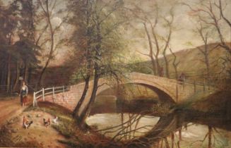 A Walker (19th century) Country landscape with figures on a bridge Signed and titled, oil on canvas,