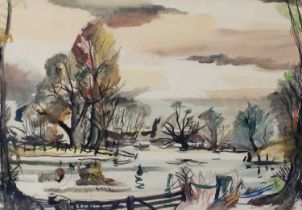 Rowland Suddaby (1912-1972) "The Stour in flood, Suffolk" Signed and dated (19)61, watercolour, 41.