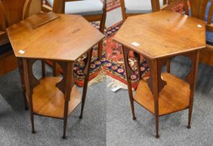 A Pair of Liberty Style Mahogany Hexagonal Occasional Tables, 44cm square by 64cm Circa 1900 First