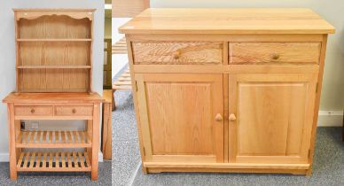 A Two Drawer Kitchen Table, the square section legs joined by two slatted shelves, 104cm by 47cm