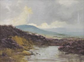 Lewis Creighton (1918-1996) Heather covered moorland landscape with sheep grazing in the distance