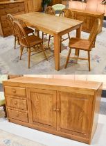 20th Century Oak Dining Table, 150cm by 72.5cm by 74.5cm, together with An Oak Low Sideboard,