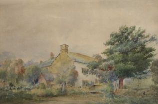 British School (late 19th/early 20th Century) Farmhouse with a solitary figure in the yard