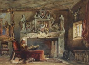 George Cattermole (1800-1868) Interior scene with figure reading Initialled, watercolour; together