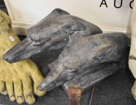 A Bronzed Composition Portrait Statue of Greyhounds, on mitred rectangular plinth, 44cm long