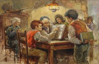 Nino Salvadori Esposito (b.1918) Italian The reading lesson Signed, oil on canvas, 68cm by 98cm