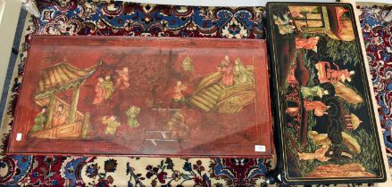 A Red Lacquer Chinoiserie Decorated Table, 96cm by 47cm by 39cm, and A Companion, 79cm by 41cm by