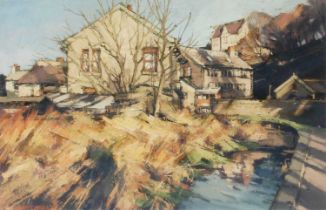 John McCombs R.O.I., F.R.S.A. (b.1943) "Buildings Beside the Mill" Signed and dated (19)73, oil on