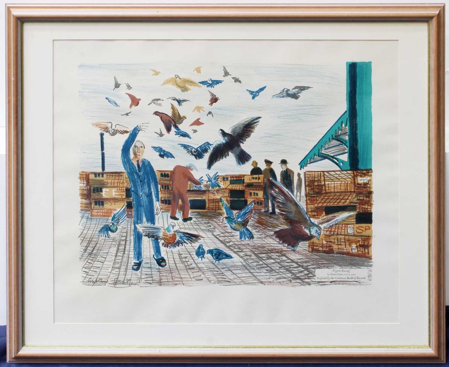 Alistair Grant ARCA, RBA (1925-1997) "Pigeon Racing" Lithograph inspired by the Guinness Book of - Image 2 of 2