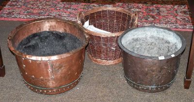 Two 19th Century Riveted Copper Log Bins, together with A Log Basket (3) Largest copper log bin -