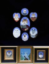 Mike Wilks (b.1947) Collection of nine anthropomorphic portrait miniatures of cats, in three frames;