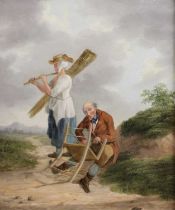 Follower of George Morland (late 18th/early 19th Century) Weaving a rush seat chair Oil on board,