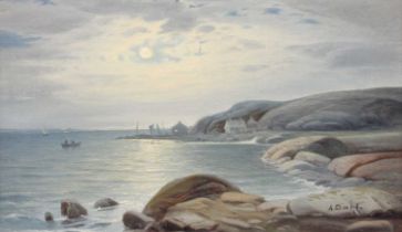 A*Dahl (late 19th/early 20th Century) Moonlit coastline Signed, oil on canvas, 32cm by 47.5cm