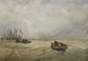 British School (19th Century) Mixed shipping off the coast Watercolour and white, 52cm by 74.5cm