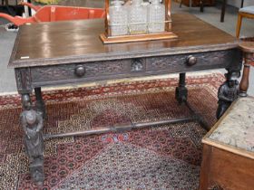 A 19th Century Continental Carved Oak Table, on figural supports, joined by turned and block