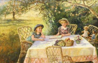 Paul J Attfield (b.1950) Picnic in the garden with teddies Signed, oil on canvas, 49cm by 74.5cm