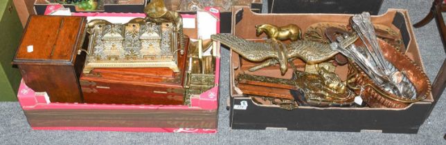 Two Boxes of Mostly Metalwares, including: Victorian Brass twin desk standish, a model of a horse,