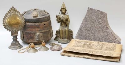 Tibetan Manuscript, Buddhist begging bowl, carved stone tablet, bronze buddah etc (one tray)