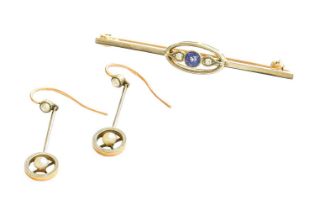 A Sapphire and Diamond Brooch, stamped '375', length 4.8cm; and A Pair of Split Pearl Drop Earrings,