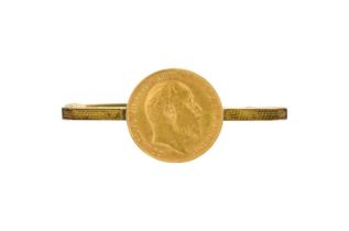 A Half Sovereign Brooch, dated 1910, length 4.4cm Brooch stamped 'AJH ROLLED GOLD'. Evidence of