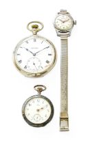 A Lady's Silver Fob Omega Fob Watch, case stamped 0.900, Chrome Plated Vertex Pocket Watch and a