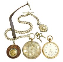 A silver open faced pocket watch with attached curb link silver chain and silver medal, a gold