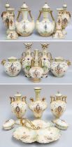 Crown Devon Blush Ivory; including five pairs of vases, all with twin gilt handles, a pair of