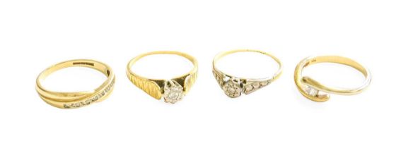 A 9 Carat Gold Diamond Crossover Ring, finger size P; A 9 Carat Gold and Diamond Solitaire Ring,