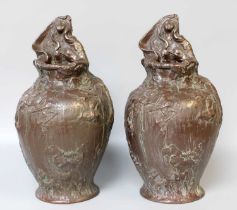 A Pair of Bretby Art Pottery Bronzed Baluster Vases, the tops moulded as an Art Nouveau maiden,