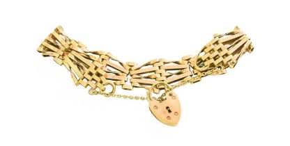 A Gate Link Bracelet, stamped '9' and '.375', with a 9 carat gold heart shaped padlock clasp, length