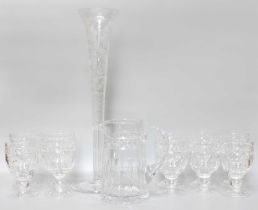 A William Yeoward Etched Glass Funell Vase, 48cm high; together with a Willian Yeoward Jug and ten