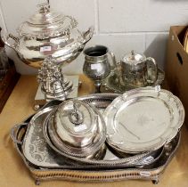 A Silver Plated Acanthus Leaf and Scroll Cast Samovar, three gallered silver plated trays and six
