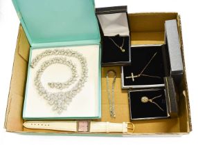 A Quantity of Jewellery, including a 9 carat gold diamond pendant on chain, of egg form, the chain