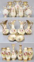 Crown Devon Blush Ivory; including various floral painted vases and ewers, most with gilt handles,