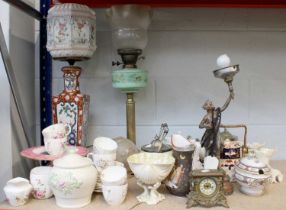 A Victorian Brass Based Oil Lamp, with opaque glass reservoir, together with another lamp on