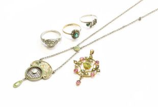 A Small Quantity of Jewellery, comprising of an enamel necklace, by Charles Horner; a green and pink