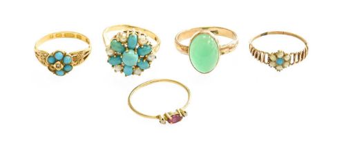 Five Rings, comprising a 9 carat gold turquoise and split pearl cluster ring, finger size M; a 15