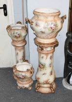 Crown Devon Blush Ivory Floral Painted and Parcel-Gilt Jardiniere on Stand, with twin handles, 106cm