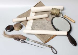 Chinese Prayer Drum, scrolls, bound comic, and a chinese box, etc.