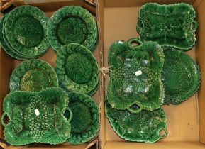 A Quantity of Green Cabbageware Plates and Dinnerwares Comprising, 17 plates with basket rims (three