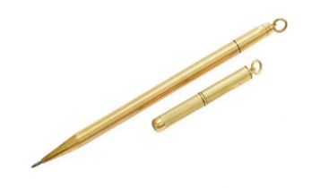 A 9 Carat Gold Pencil, with engine turned decoration, length 11cm and A 9 Carat Gold Toothpick,