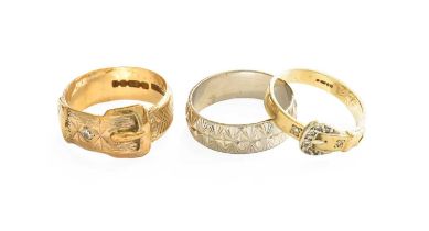 A 9 Carat White Gold Textured Band Ring, finger size L1/2; and Two 9 Carat Gold Diamond Buckle